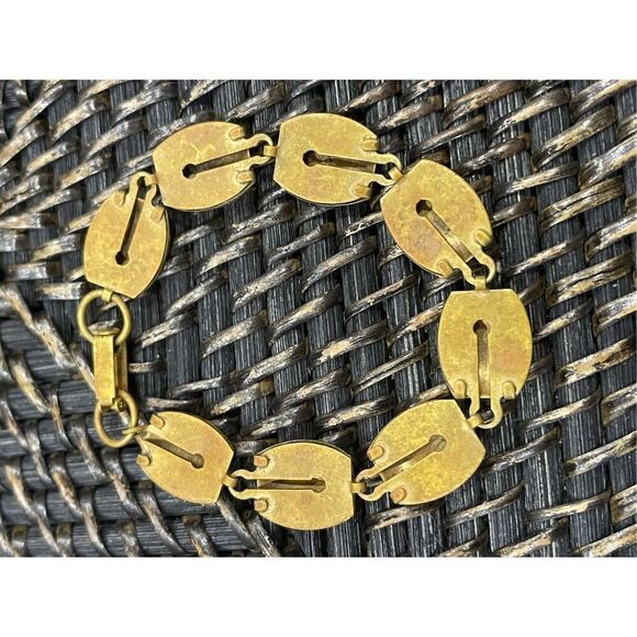 Vintage Gold Tone Art Deco Enamel Roses Flower Panel Link Bracelet 7” - Picture 5 of 5